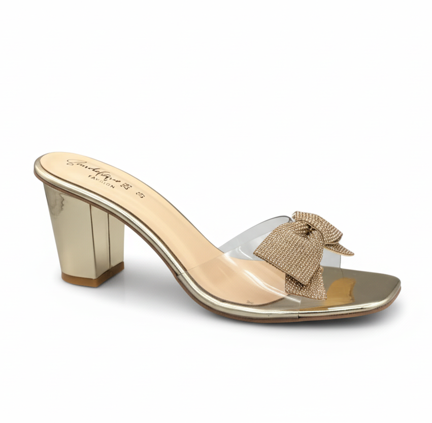 Sandalique HH1003 - Gold1 Gleam Bow Charm Block Heels