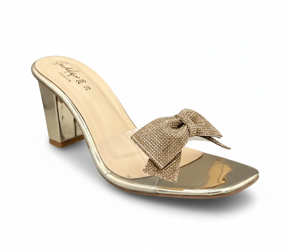 Sandalique HH1003 - Gold Gleam Bow Charm Block Heels