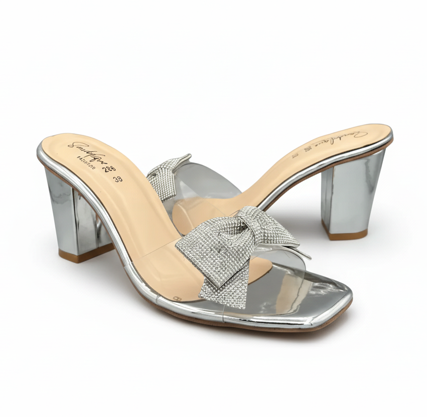 Sandalique HH1003 - Silver1 Gleam Bow Charm Block Heels