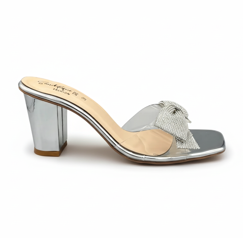 Sandalique HH1003 - Silver2 Gleam Bow Charm Block Heels