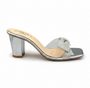 Sandalique HH1003 - Silver2 Gleam Bow Charm Block Heels