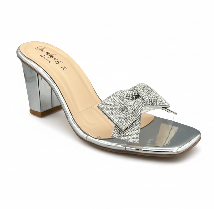 Sandalique HH1003 - Silver Gleam Bow Charm Block Heels