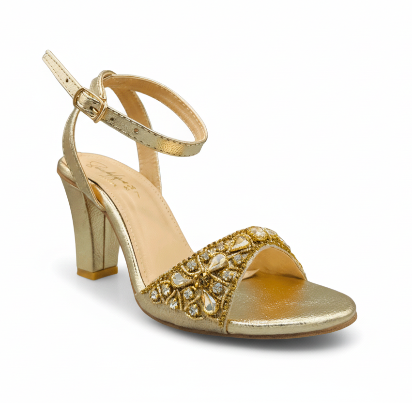 Sandalique HH10041 Gold Embellished Block Heel