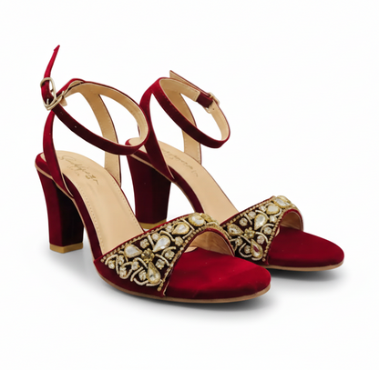 Sandalique HH10041 Maroon Embellished Block Heel