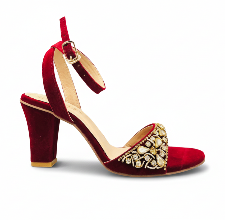 Sandalique HH10041 Maroon Embellished Block Heel