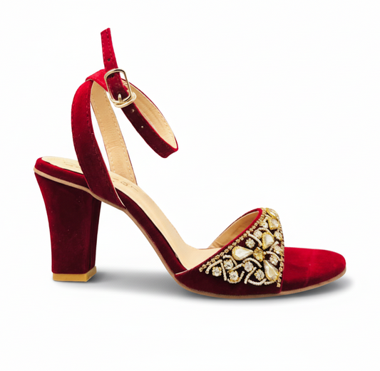 Sandalique HH10041 Maroon Embellished Block Heel