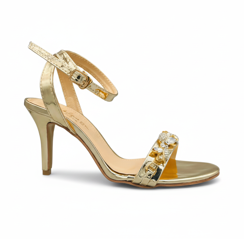 Sandalique HH10042 Gold Crystal Embellished Ankle Strap Heels