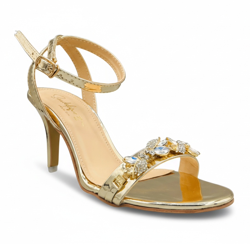 Sandalique HH10042 Gold Crystal Embellished Ankle Strap Heels