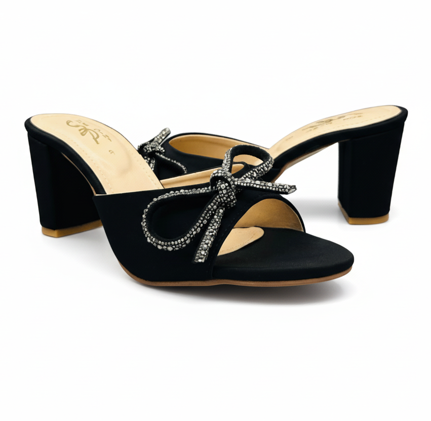 Sandalique HH10043 Black Bow Detail Block Heel