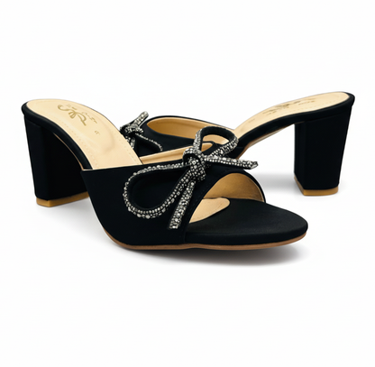 Sandalique HH10043 Black Bow Detail Block Heel