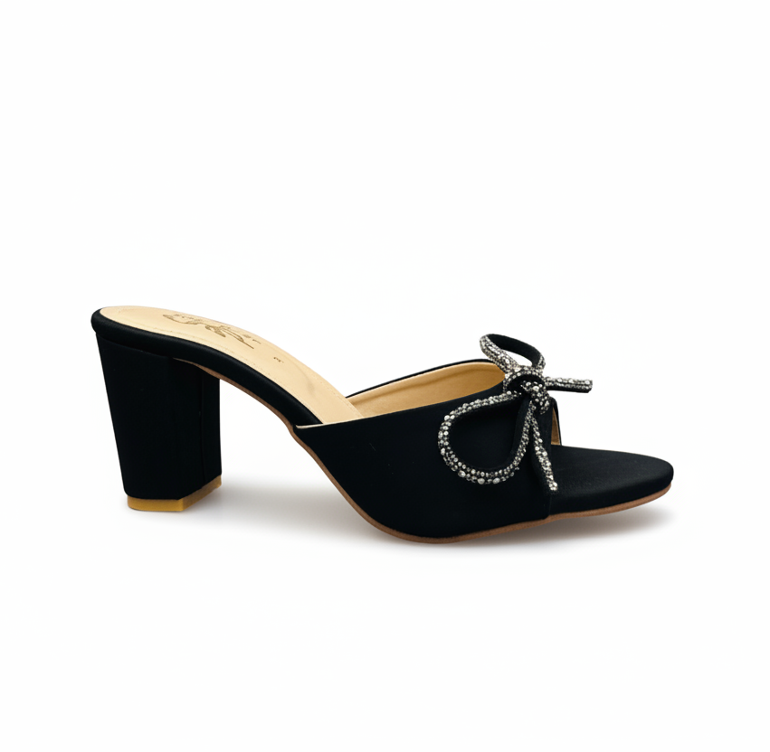Sandalique HH10043 Black Bow Detail Block Heel