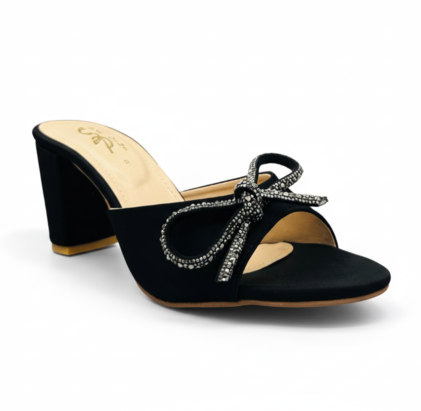 Sandalique HH10043 Black Bow Detail Block Heel