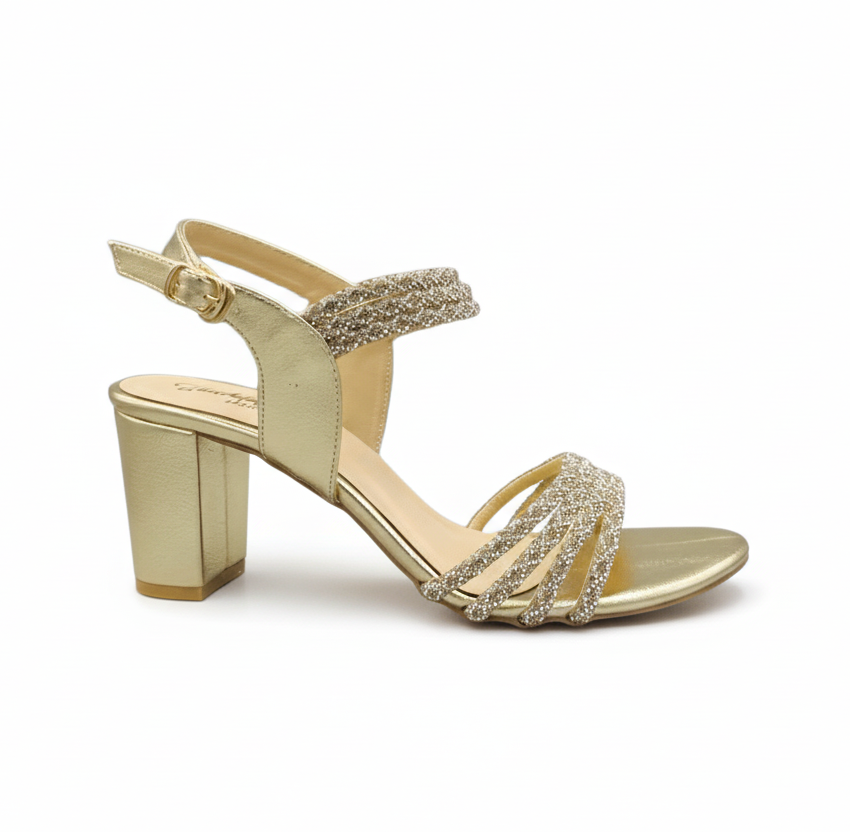 Sandalique HH10045 Gold Crystal Strap Block Heels
