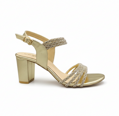 Sandalique HH10045 Gold Crystal Strap Block Heels