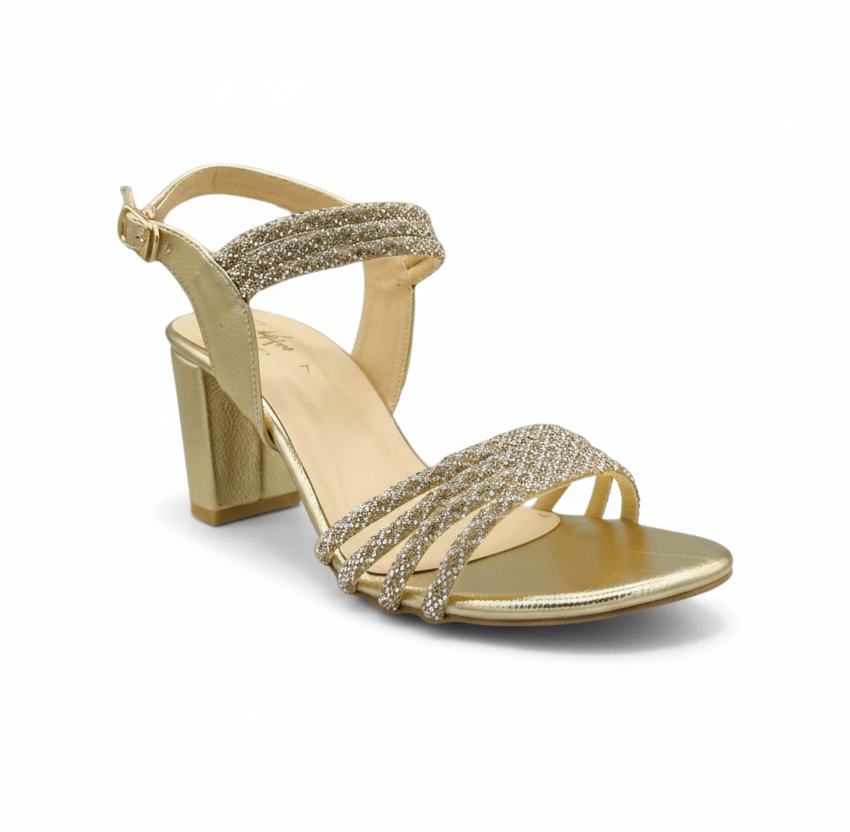 Sandalique HH10045 Gold Crystal Strap Block Heels