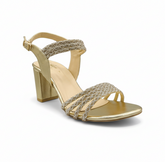 Sandalique HH10045 Gold Crystal Strap Block Heels