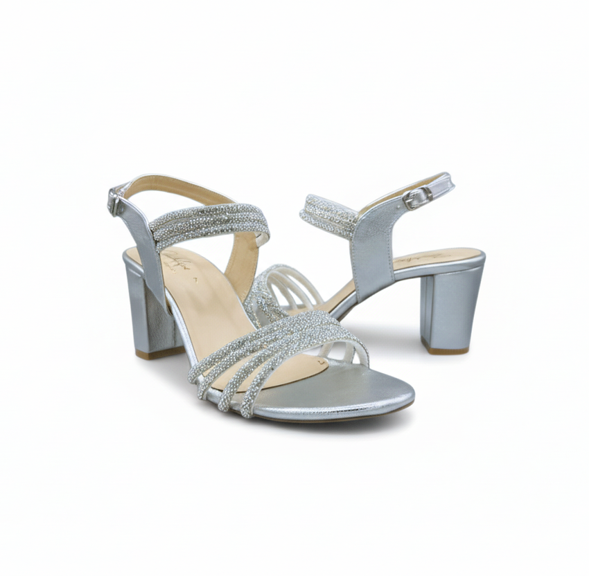 Sandalique HH10045 Silver Crystal Strap Block Heels