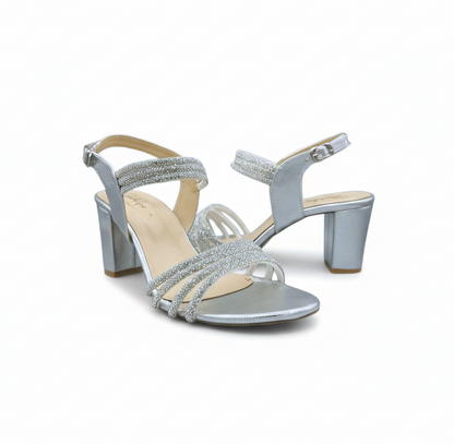 Sandalique HH10045 Silver Crystal Strap Block Heels