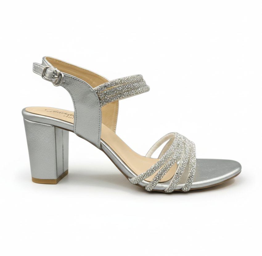 Sandalique HH10045 Silver Crystal Strap Block Heels