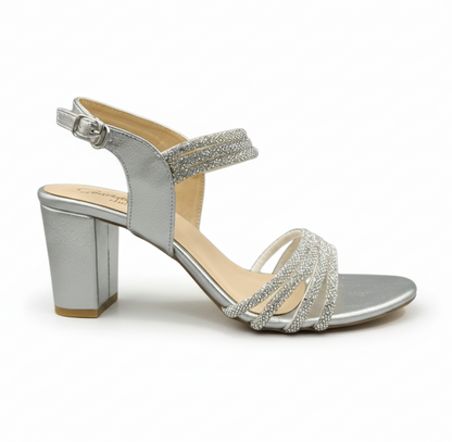 Sandalique HH10045 Silver Crystal Strap Block Heels