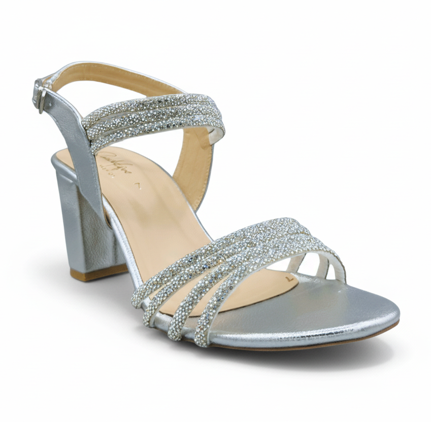 Sandalique HH10045 Silver Crystal Strap Block Heels