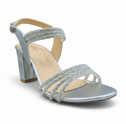 Sandalique HH10045 Silver Crystal Strap Block Heels