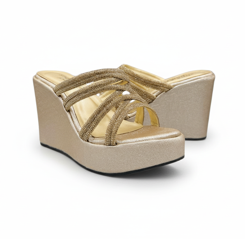 Sandalique HH10046 Gold Crystal Strap Wedge Heels