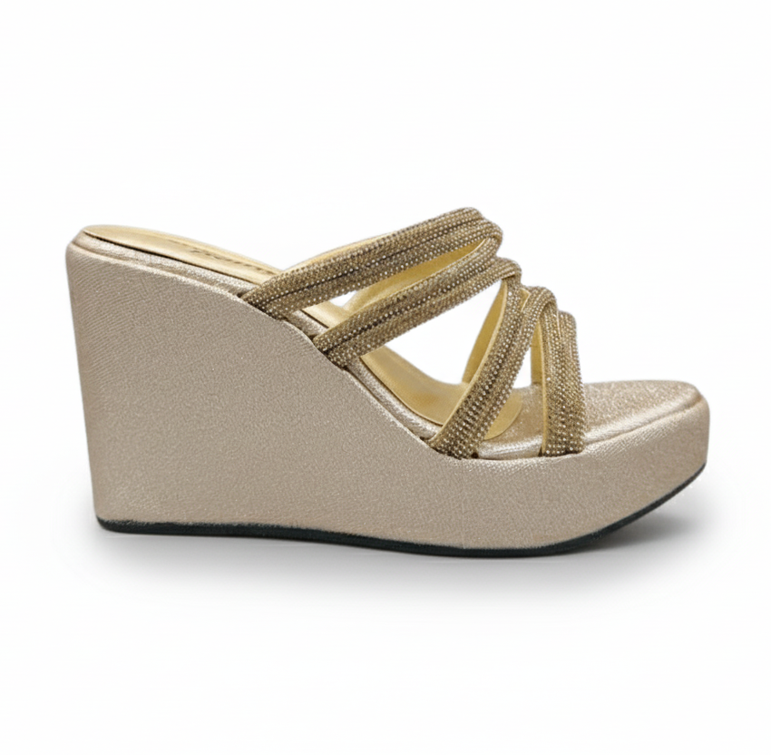 Sandalique HH10046 Gold Crystal Strap Wedge Heels