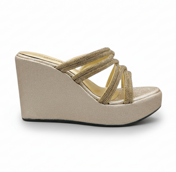 Sandalique HH10046 Gold Crystal Strap Wedge Heels