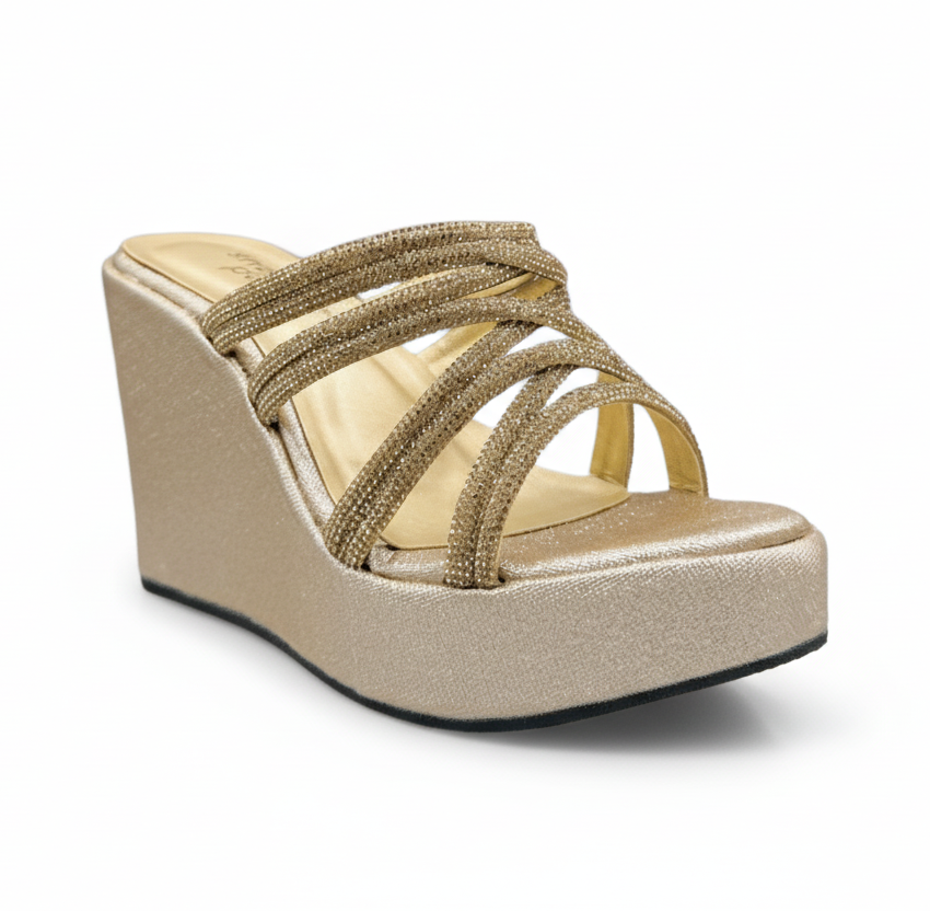 Sandalique HH10046 Gold Crystal Strap Wedge Heels