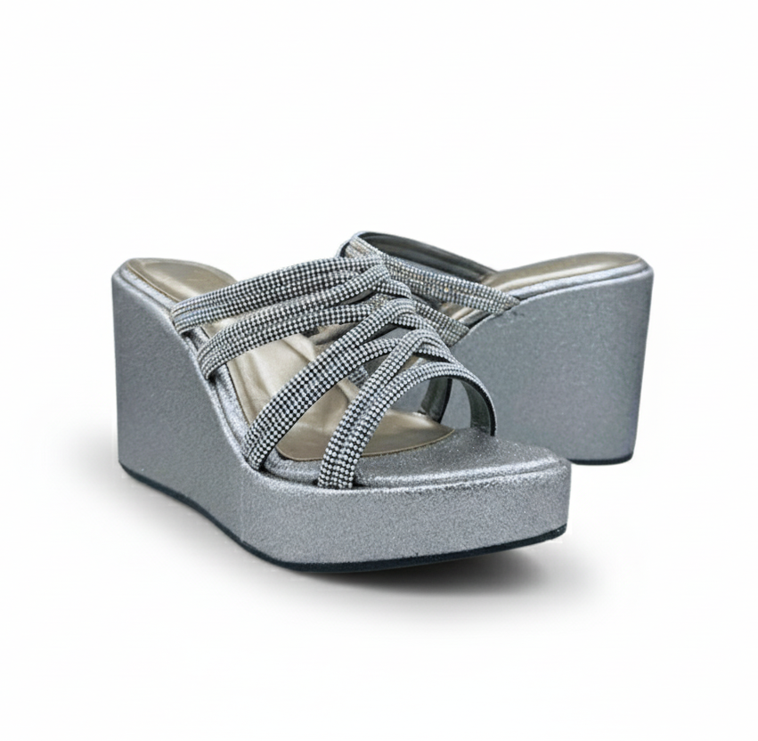Sandalique HH10046 Silver Crystal Strap Wedge Heels
