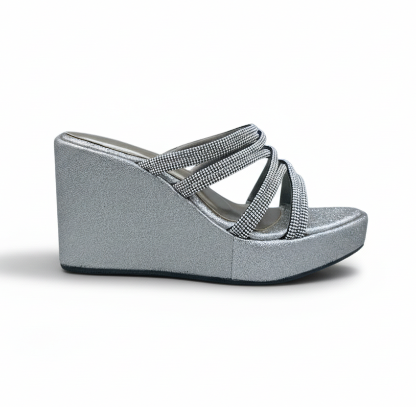 Sandalique HH10046 Silver Crystal Strap Wedge Heels