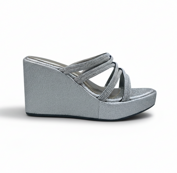 Sandalique HH10046 Silver Crystal Strap Wedge Heels