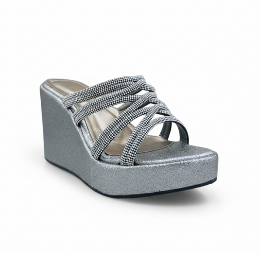 Sandalique HH10046 Silver Crystal Strap Wedge Heels