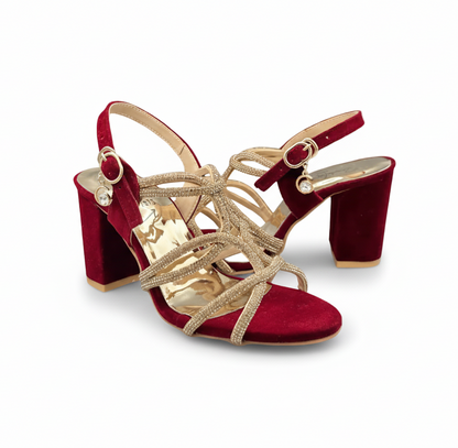 Sandalique HH1004 Maroon1 Luxe Strappy Block  Heels