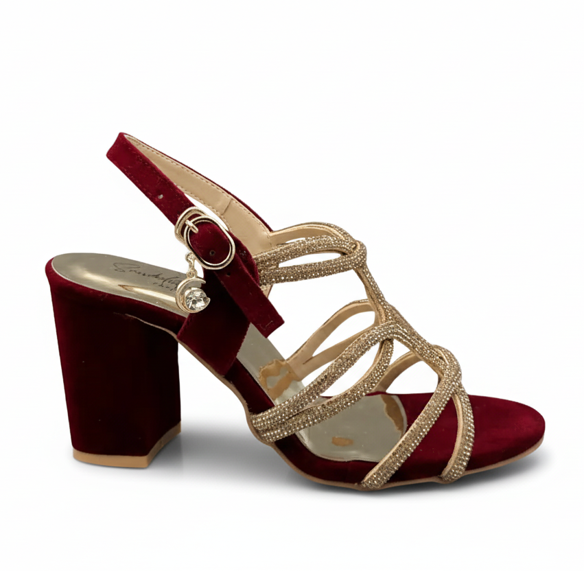 Sandalique HH1004 Maroon2 Luxe Strappy Block  Heels