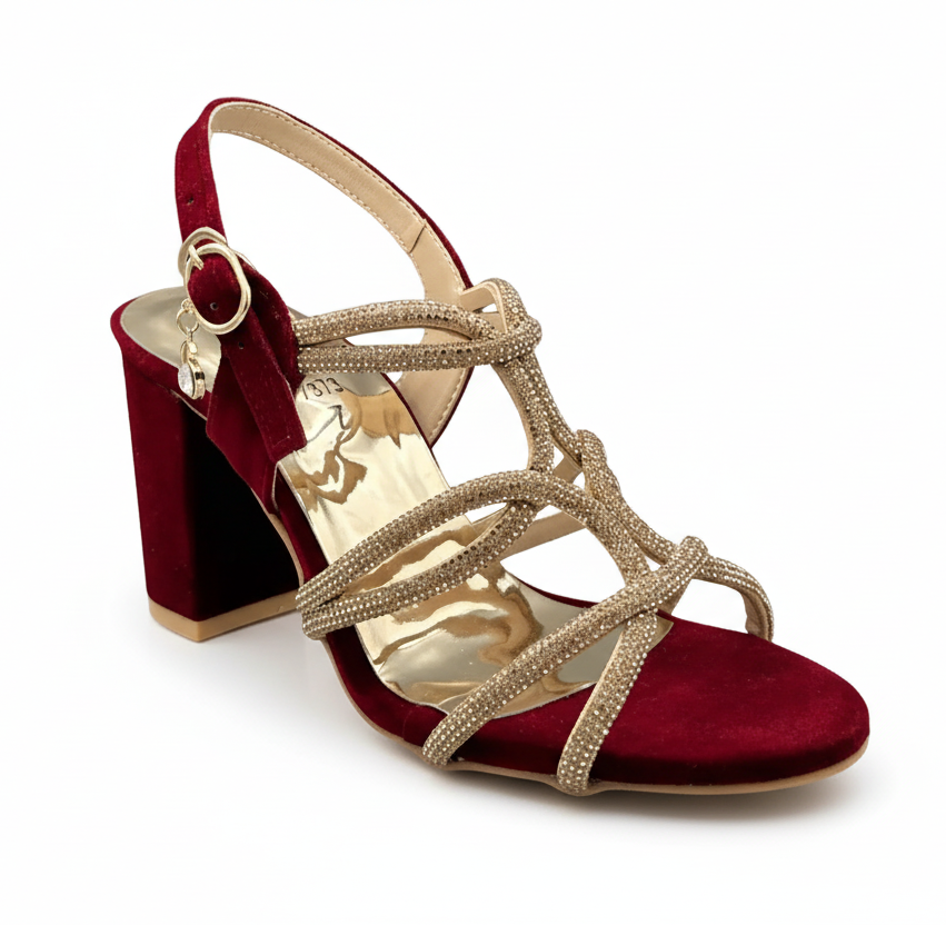 Sandalique HH1004 Maroon Luxe Strappy Block  Heels