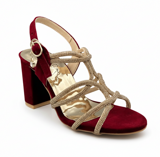 Sandalique HH1004 Maroon Luxe Strappy Block  Heels