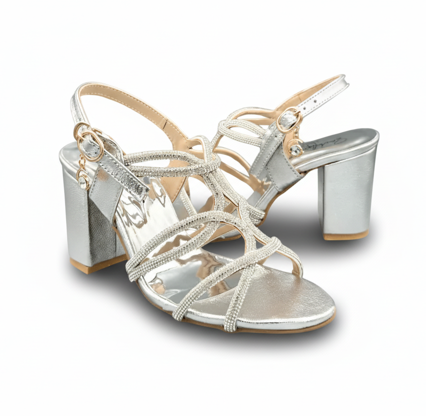 Sandalique HH1004 Silver1 Luxe Strappy Block  Heels