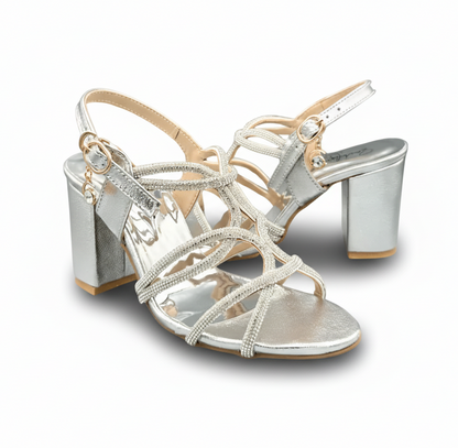 Sandalique HH1004 Silver1 Luxe Strappy Block  Heels