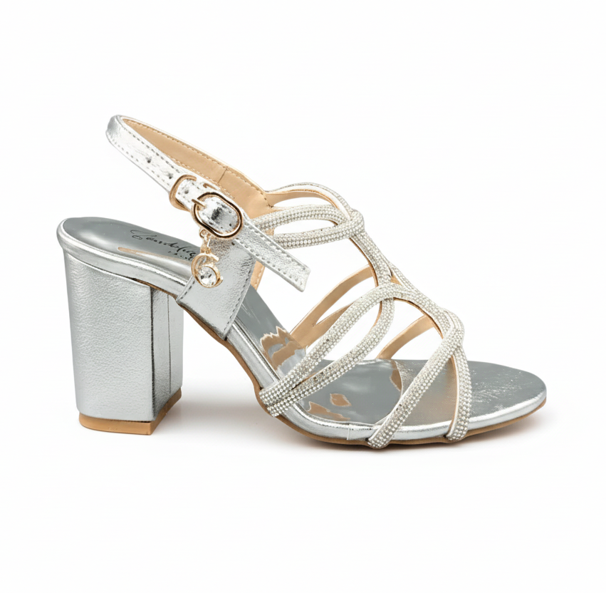 Sandalique HH1004 Silver2 Luxe Strappy Block  Heels