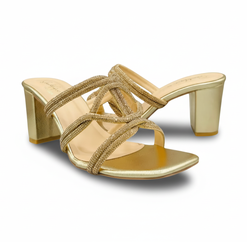 Sandalique HH10051 Gold Crystal Cross Strap Heels