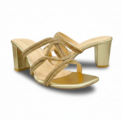 Sandalique HH10051 Gold Crystal Cross Strap Heels