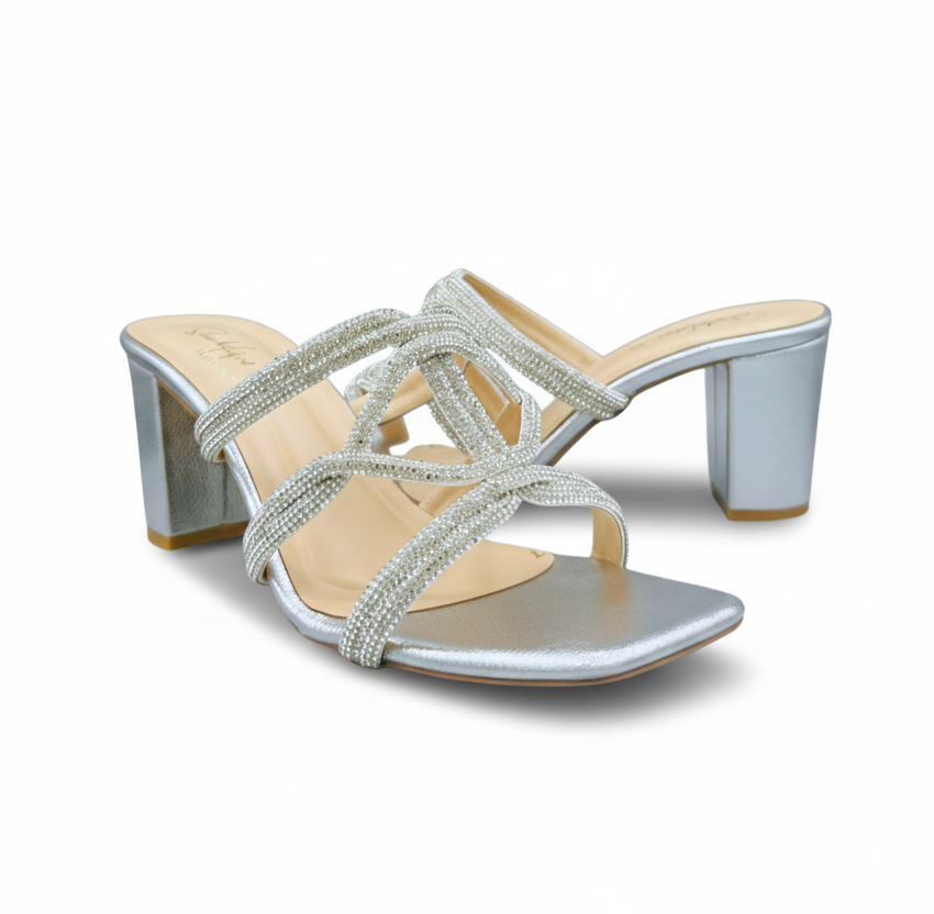 Sandalique HH10051 SilverCrystal Cross Strap Heels