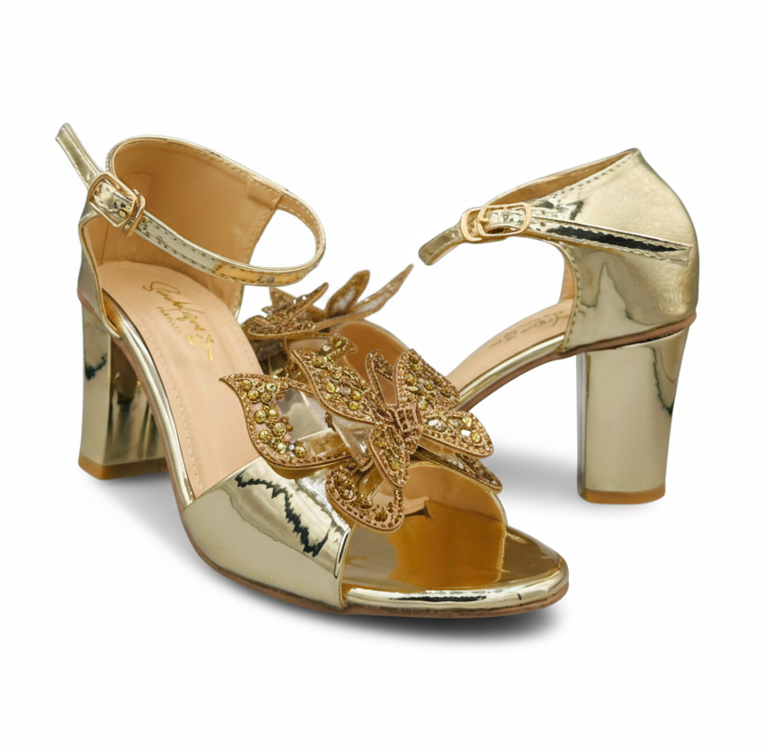 Sandalique HH10052 Gold Butterfly Embellished Heels