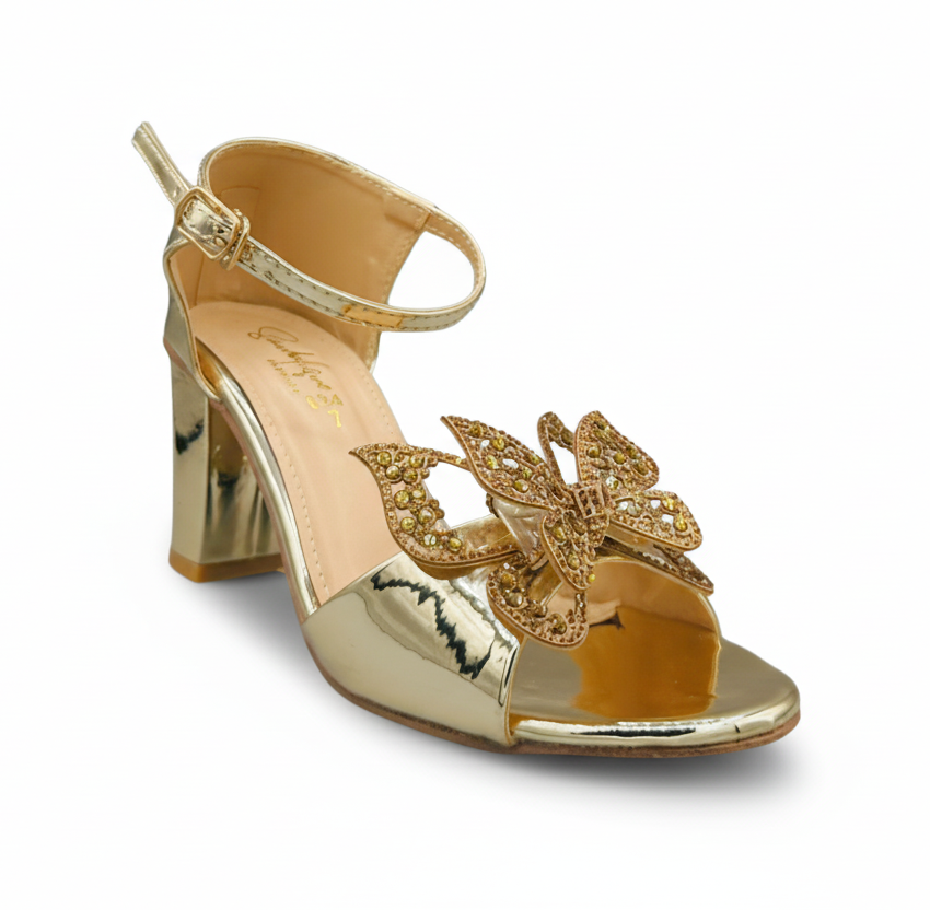 Sandalique HH10052 Gold Butterfly Embellished Heels