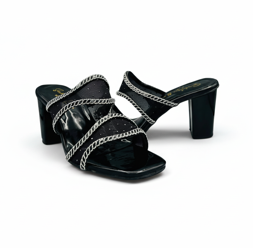 Sandalique HH10054 Black Crystal Mesh Block Heel Mules
