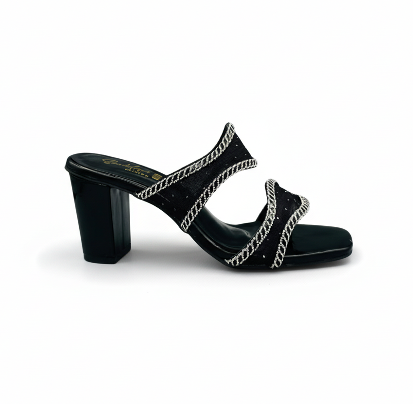 Sandalique HH10054 Black Crystal Mesh Block Heel Mules