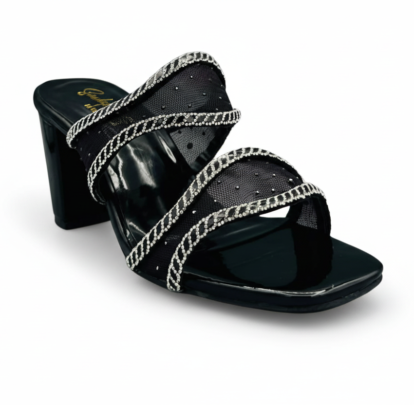 Sandalique HH10054 Black Crystal Mesh Block Heel Mules