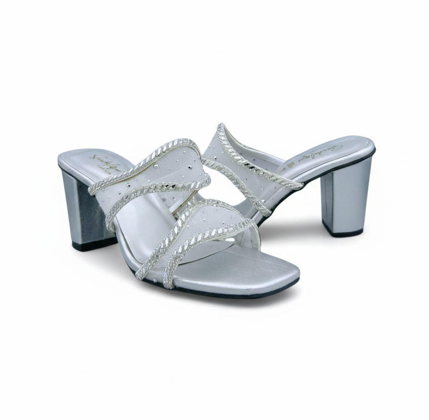 Sandalique HH10054 Silver Mesh Block Heel Mules